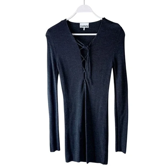 GANNI Black Ribbed Merino Wool Lace Up V Neck Tunic Top Dress Women's Size M - Picture 4 of 13